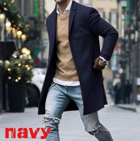 Solid Color Simple Men's Mid-length Woolen Jacket